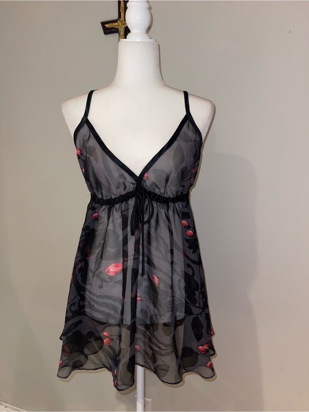 Victoria's Secret Black Sheer Floral Chemise with Pink Accents